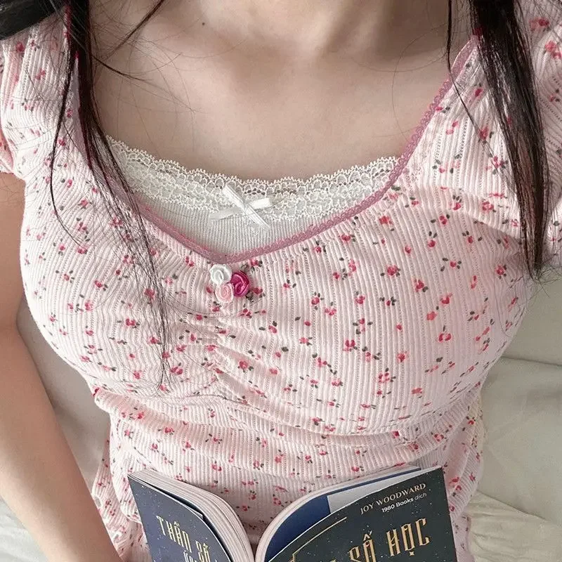 귀여운 레이스 플라워 프린트 티셔츠, 패치워크 스퀘어 칼라, 반팔, 귀여운 2024 여름 티