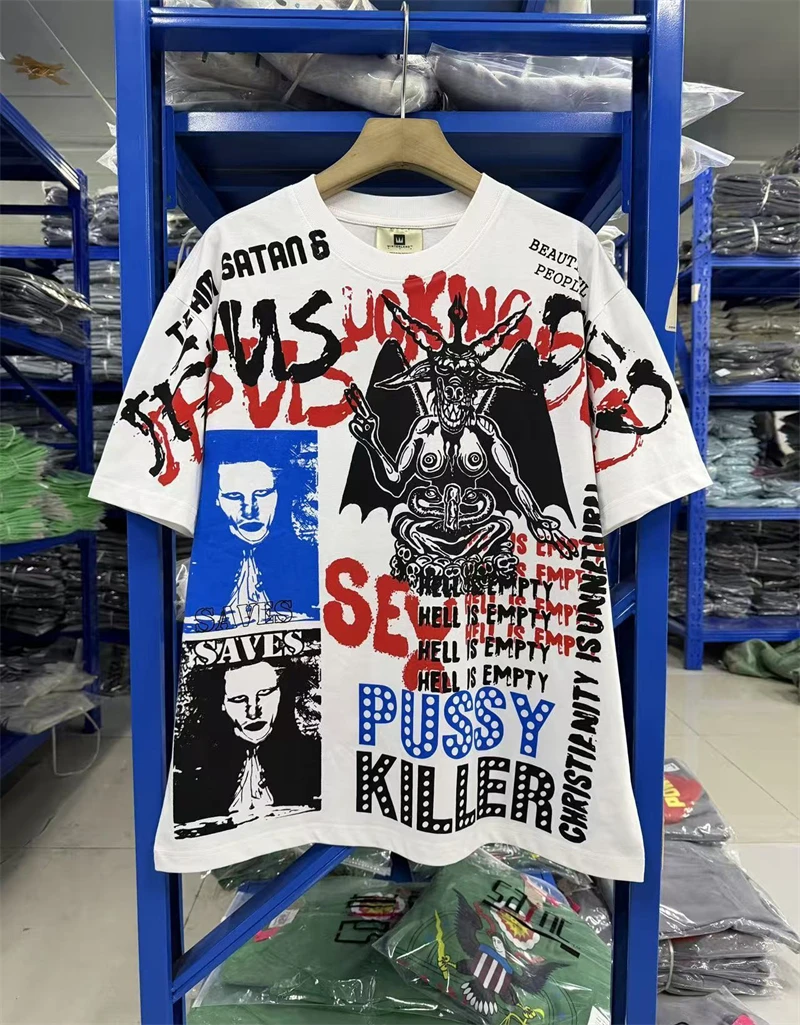 New Summer Manson Pattern Print Vintage Washed High Street Cotton Loose T-shirt Casual Trendy Oversize Short Sleeve Hip Hop Rock