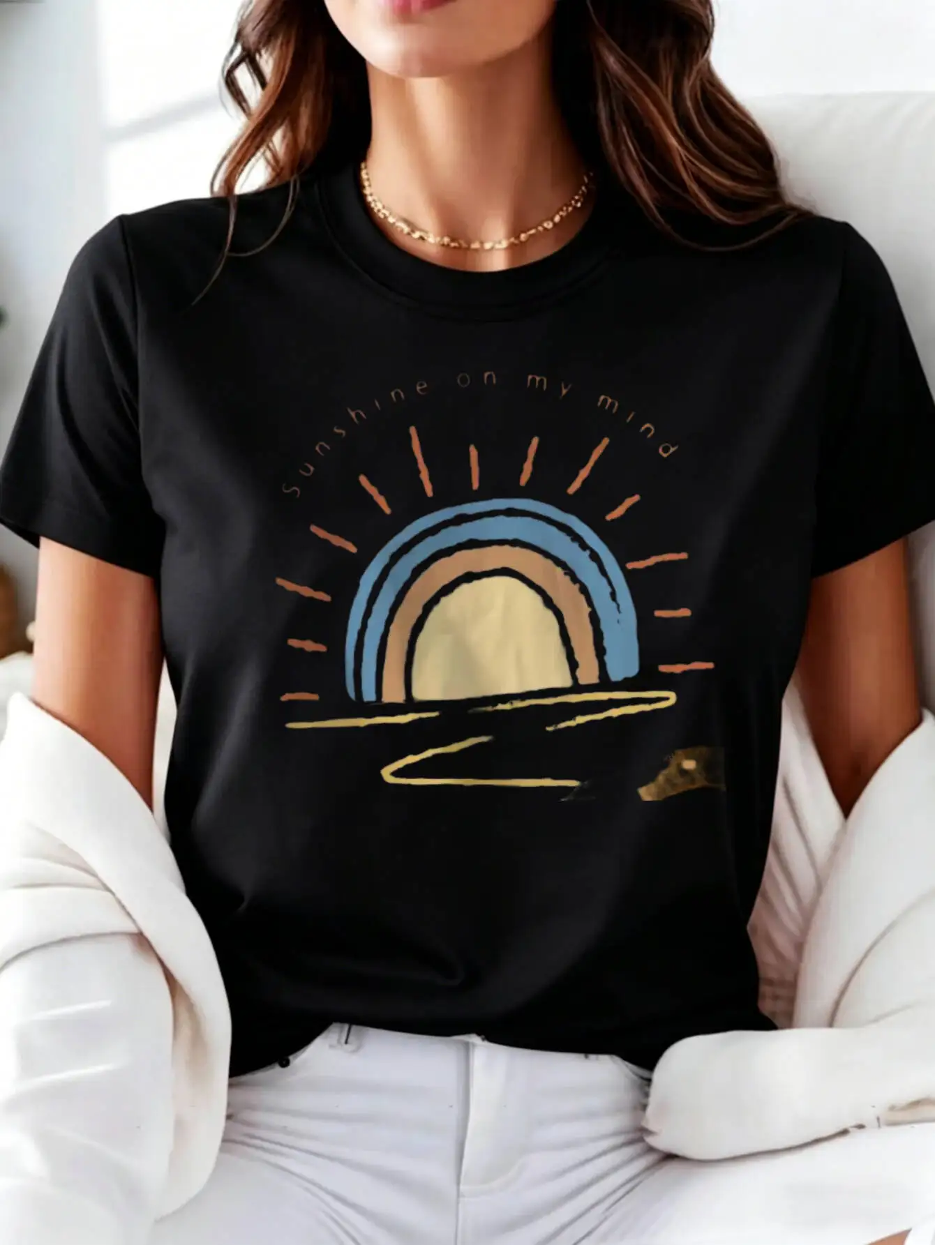 Casual Vintage Women's T Shirt Sunshine On My Mind Rainbow Print Round Neck Short Sleeve Comfortable Fo tops tee female tshirt