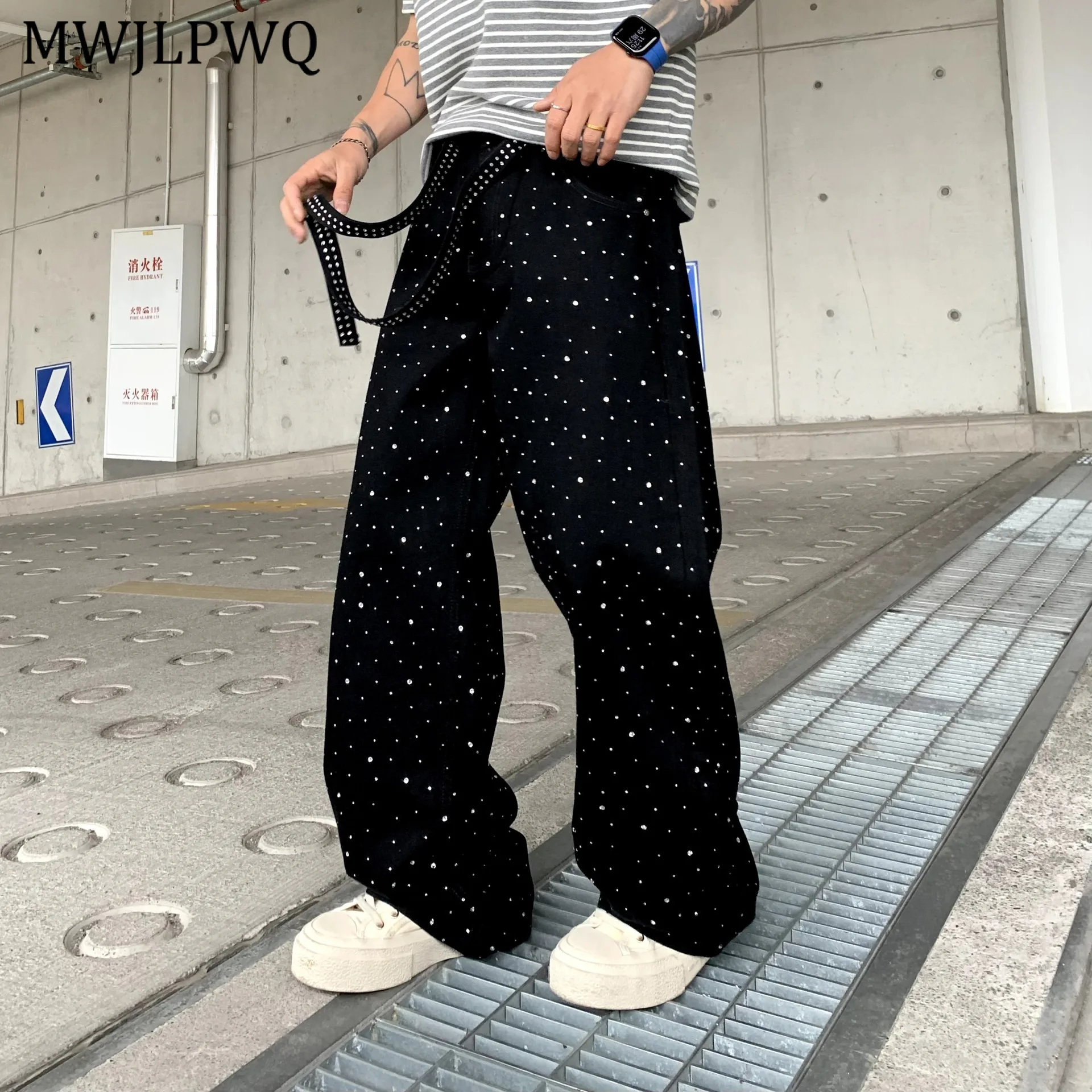 

MWJLPWQ New 2025 Autumn Men's Jeans Rhinestones Drawstring Design Trendy Loose Straight Pants Daily Men Casual Trousers 11385
