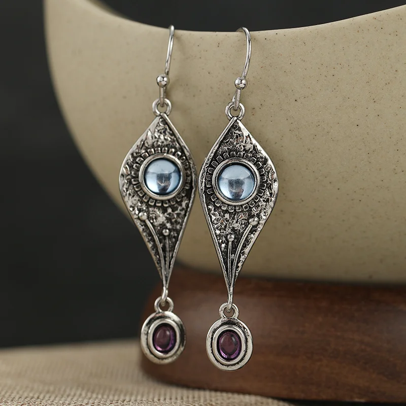 Bohemian Style Silver Plated Pendant Earrings For Women Vintage Texture Design Vacation And Daily Commuting Earrings Jewelry