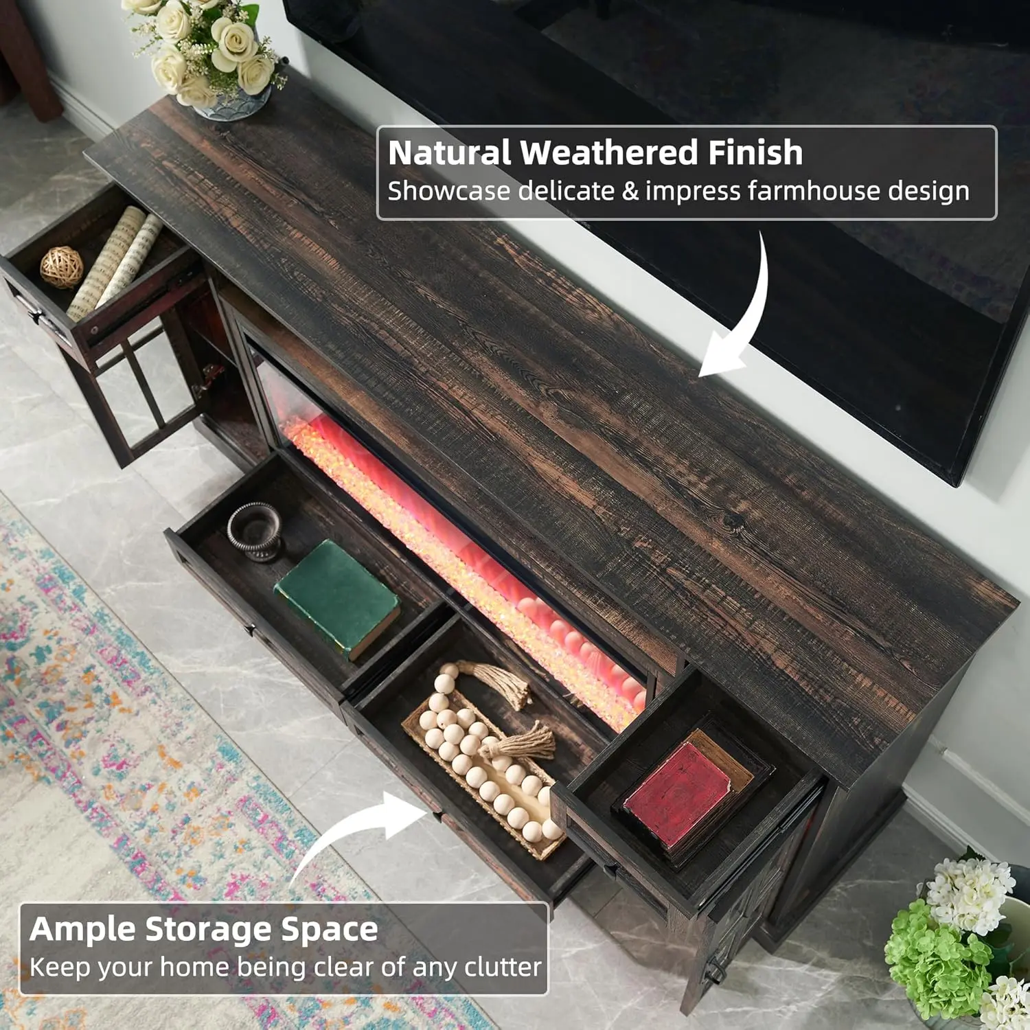 ขาตั้งทีวีเตาผิงสําหรับทีวีขนาด 80 นิ้วพร้อมเตาผิงและไฟ LED ขนาด 42 นิ้ว โต๊ะคอนโซลมีเดียสมัยใหม่พร้อมลิ้นชักเก็บของและตู้