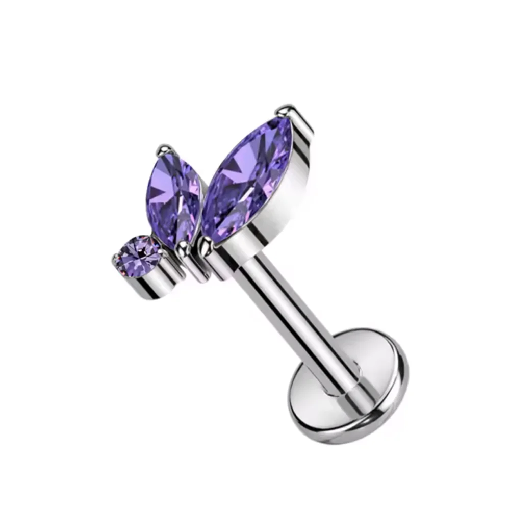 F136 Titanium Legering Mode Paarse Zirconia Stud Oorbel Set met Kraakbeen Piercing Lip Stud en Oorlel Body Piercing Sieraden