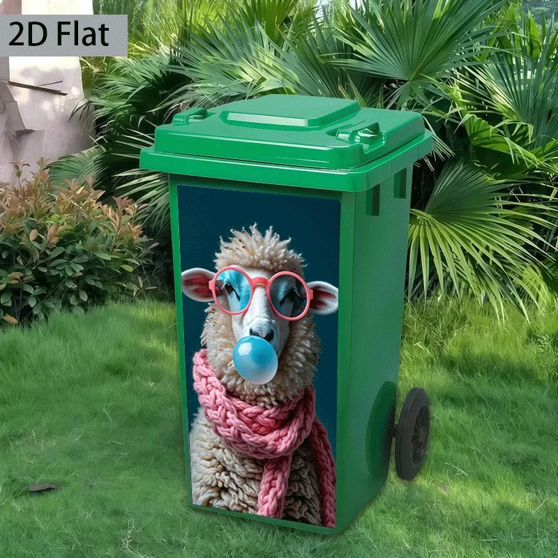 1Pc 2D Flat Printed Trash Can Sticker 37x82cm Cute Sheep Blowing Bubbles With Pink Scarf Themed Wall Decal