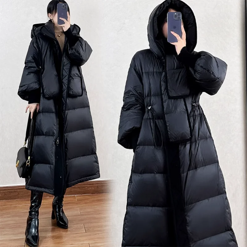 겨울 신상 우아한 스카프 칼라 다운 코트 여성 허리 벨트 디자인 감각 두꺼운 패션 따뜻한 울트라 롱 파카 재킷