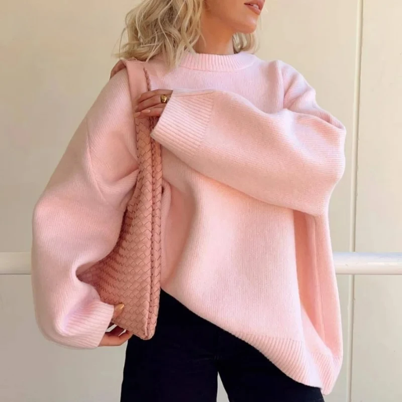 

Women's Pink Sweater Streetwear Autumn Winter Fashion O-neck Jumper Sueter Mujer Casual Loose Solid Pullovers Tops Y2k Clothes