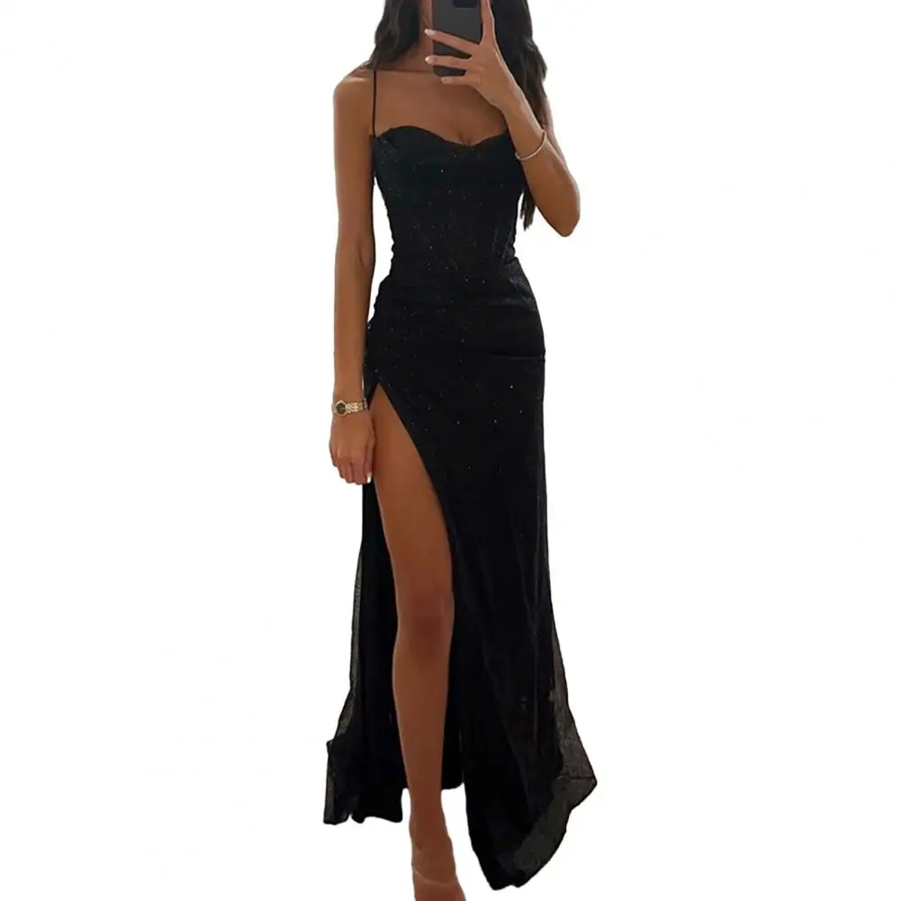 Women Evening Dress Spaghetti Strap Shiny Sequin Sleeveless Off Shoulder Dress Loose High Waist Floor Length Lady Prom Dress