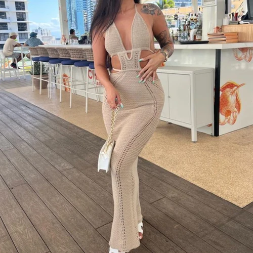 Imagen 2 del producto Vestido largo de estilo Sexy con espalda descubierta y lazo para mujer, ropa de playa para vacaciones en la playa, vestido largo tejido para baño y protector solar