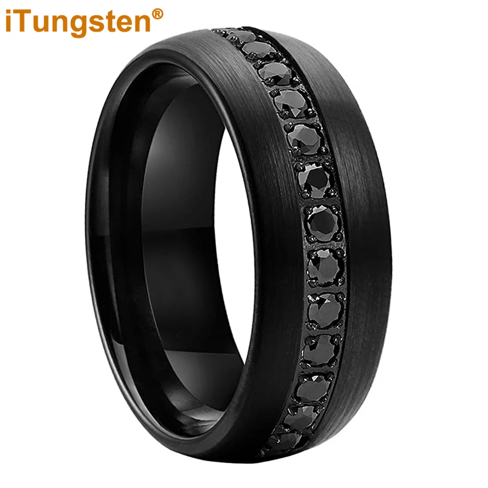 iTungsten 8mm Cool Engagement Wedding Band Black Tungsten Ring for Men Women Domed Brushed CZ Stone Inlay Comfort Fit