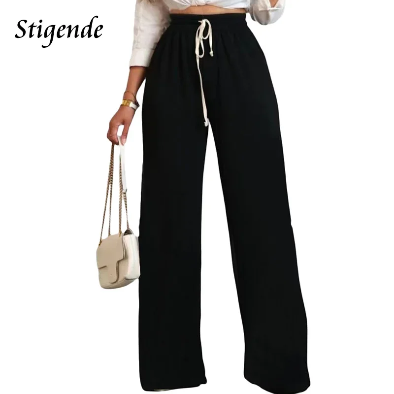 Stigende Women Elastic Waist Solid Color Workout Pants Drawstring Wide Leg Sweatpants