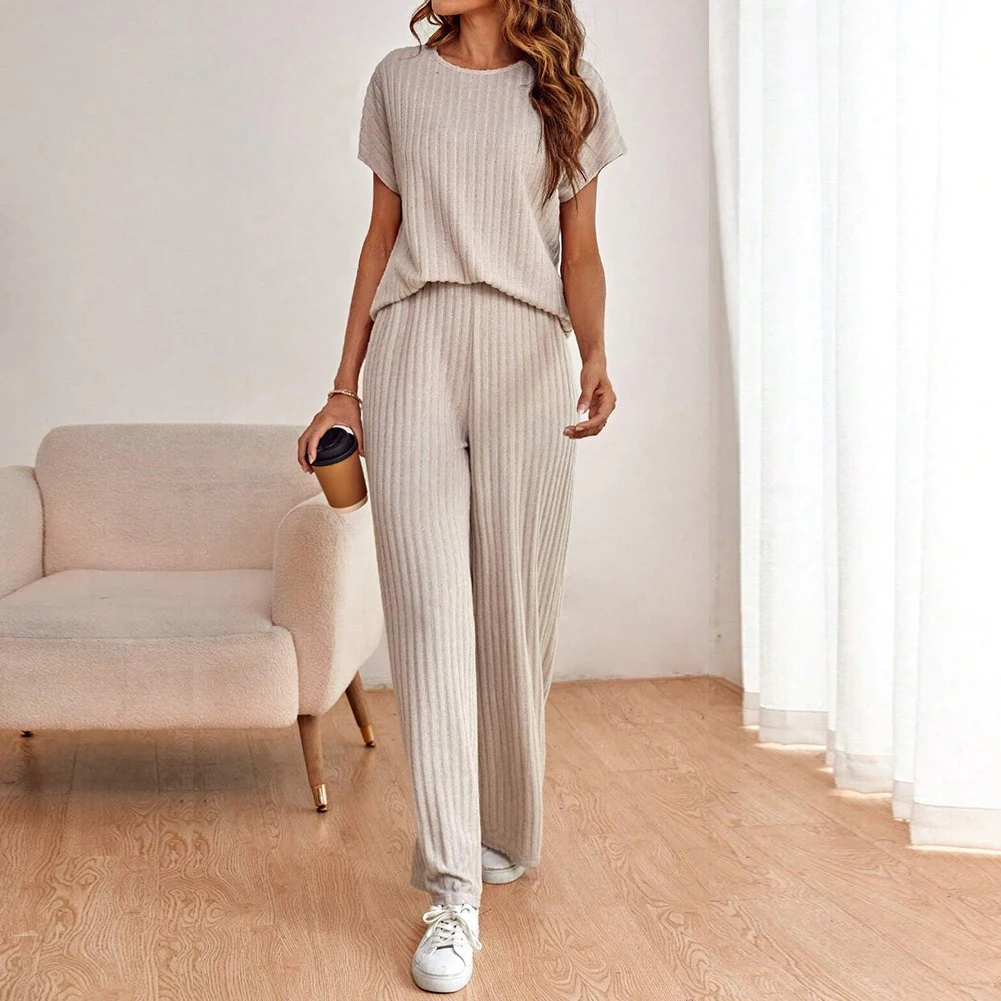 Women Casual Knit Top Trouser Set O-Neck Simple Knitted Top Trouser Suit Solid Color Soft Ladies Casual Outfits Top Trouser Set