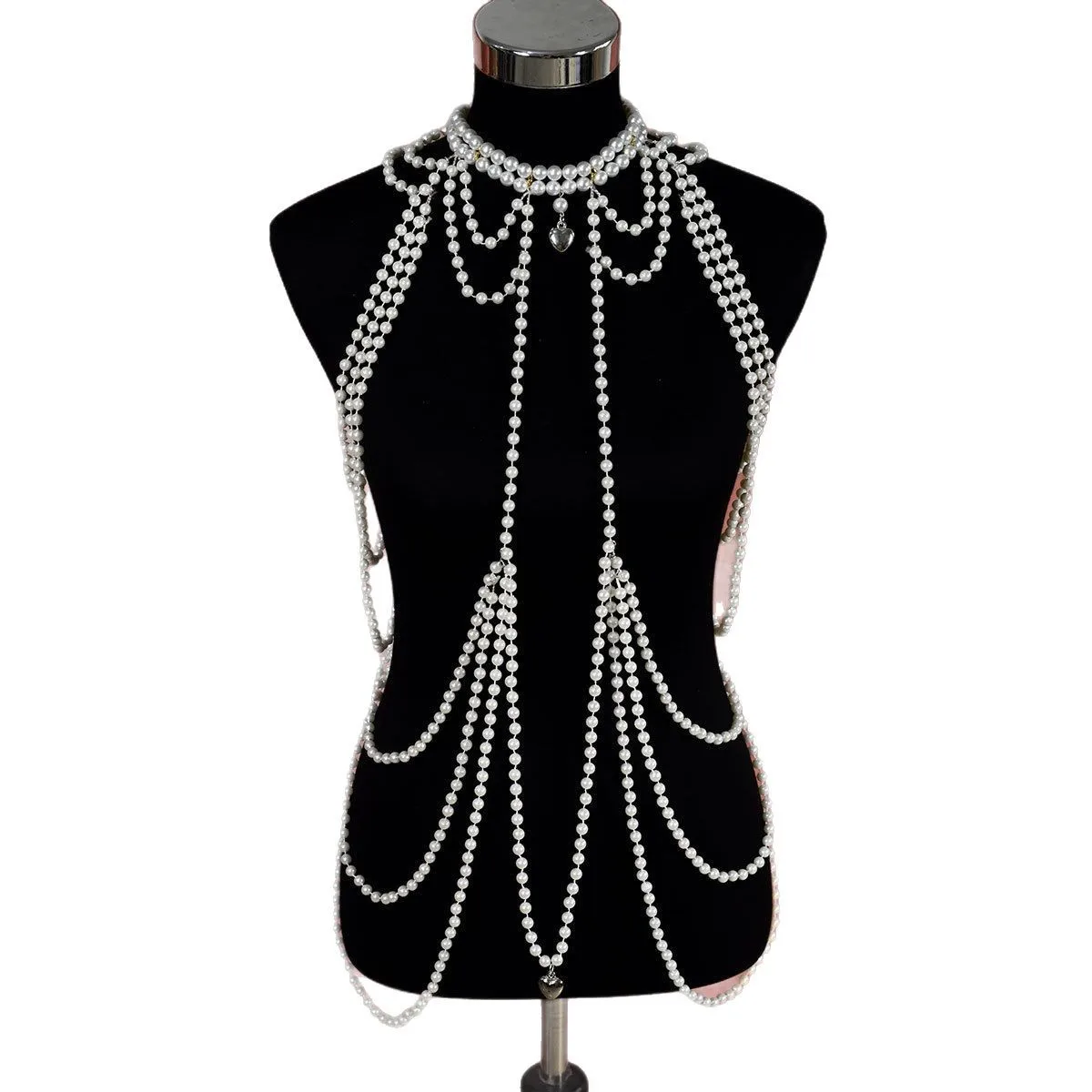 

Classic Pearl Long Tassel Chest Chain Fashion Heart Pendant Party Women Elegant Body Chain Fashion Accessory