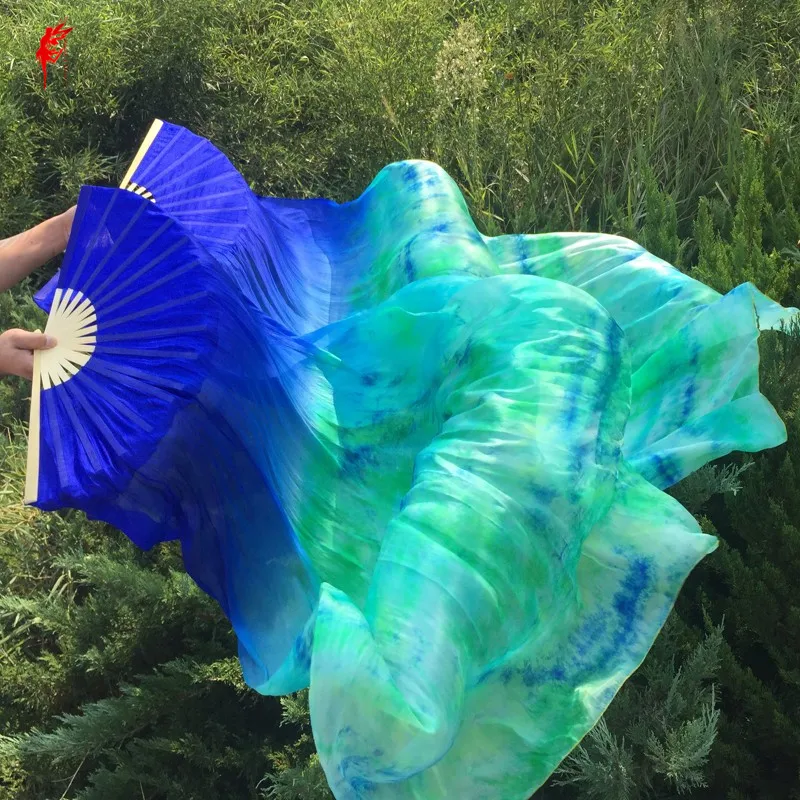 Wholesale dyed 100% pure natural silk fan veils for belly dance sexy 180cm long silk fan for dancer show on the stage A pair