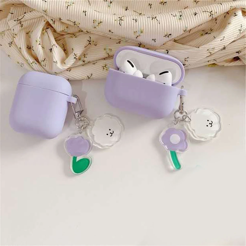 キーホルダー付きデラックスシリコンヘッドセット,Airpods 4, Airpod Pro 2,かわいいクマ,花,3用ケース