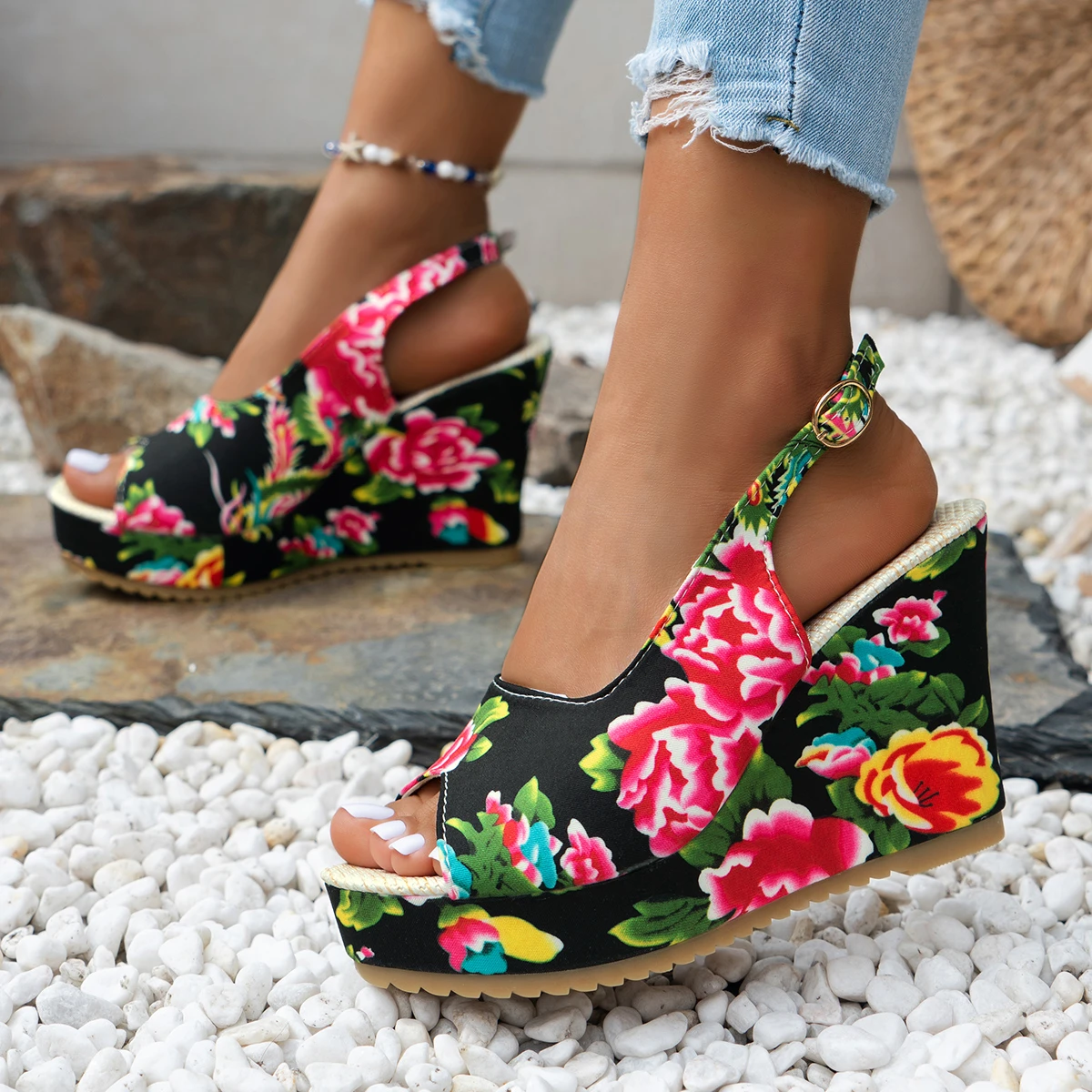 Sommer Strand Boho Blumen Keil Sandalen Frauen Knöchel Plattform Schuhe Frau High Heels Sandal ias Plattform Absätze Zapatos de Mujer