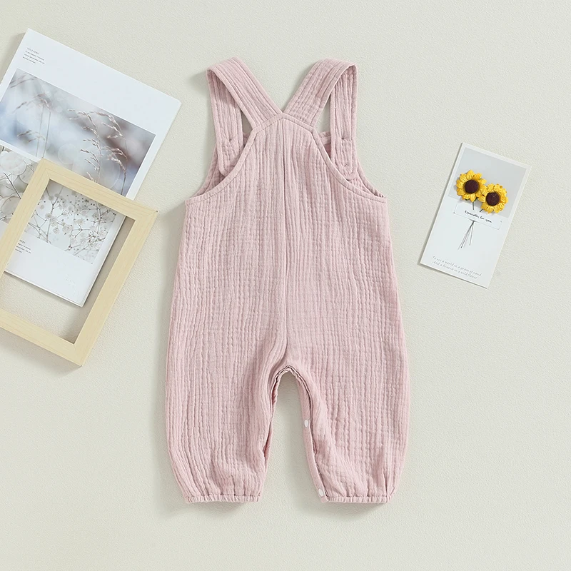 Casual Baby Girls Boys Rompers Solid Color Sleeveless Straps Jumpsuits Summer Infant Clothes Pocket Bodysuits Overalls