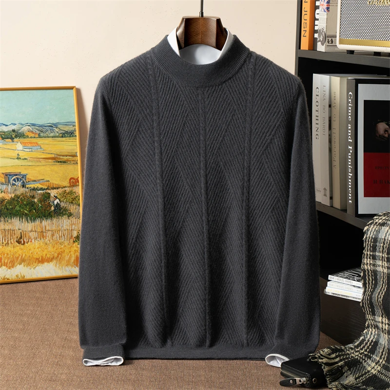 Mezzo dolcevita jacquard calibro 12 Maglione in puro cashmere al 100% Maglieria base casual ampia da uomo