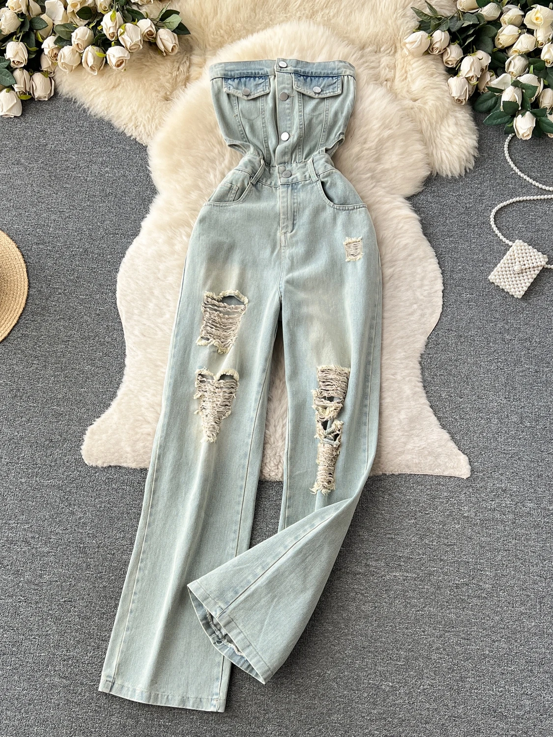 American Retro Jumpsuit Jeans Pure Desire Spicy Girl Hole Exposed Waist Chic Slim Fit Pants Fashion High Street Women's Trousers