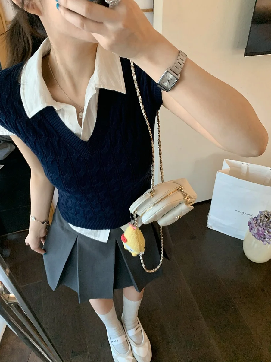 

MUKOK Women's V-ne Twisted Wool Blend Svel Knitted Vest Cotton irt Faion Set Two-piece ort Sve Summer Spring