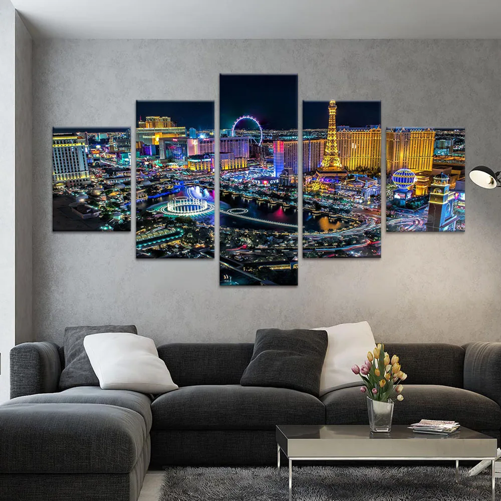 Framwork 5 Piece Canvas Art Poster Las Vegas Night Secenry Decor Print Living Room Wall Picture Painting Bedroom Home Decoration