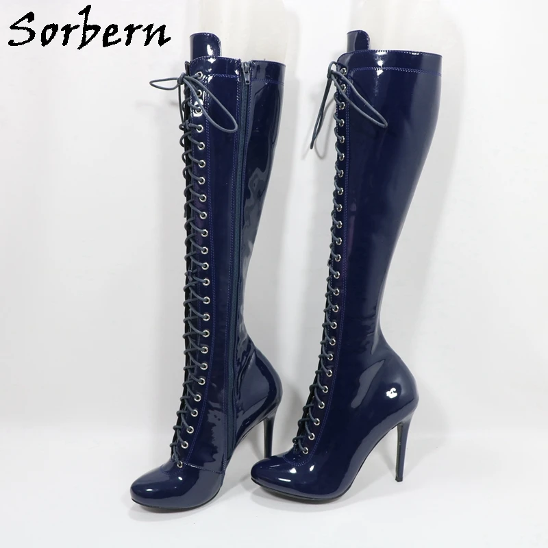 Sorbern Customized Narrow Leg Navy Blue Boots For Women Vintage Round Toe High Heel Stilettos Knee High Female Boots Multi Color