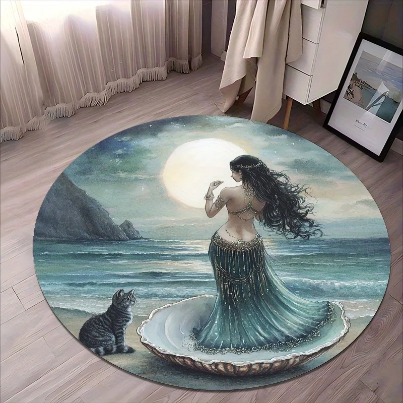 Mermaid and marine scene Flannel-printed round floor mats are slip-resistant Suitable living room bedroom terrace garden carpets