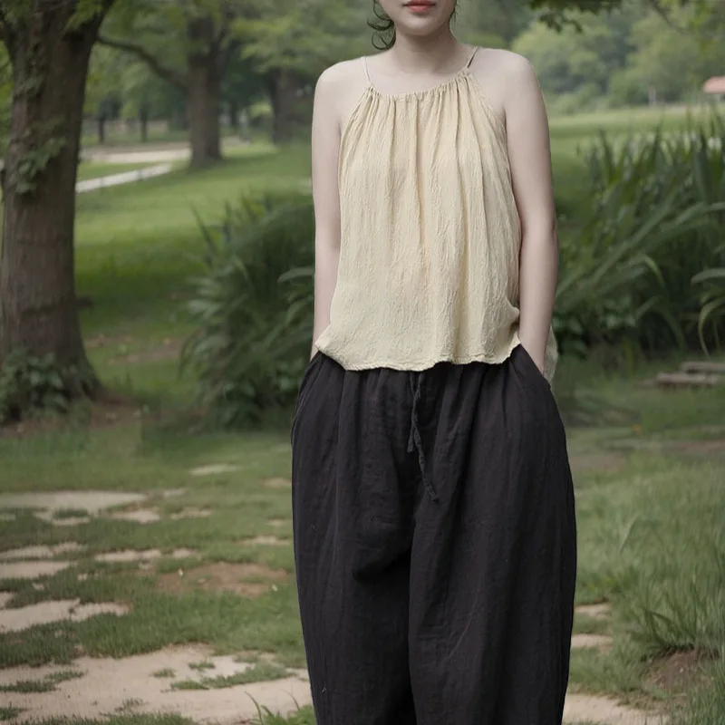 

Vintage Camisole Sleeveless Tank Camis For Women Cotton Linen Yellow Pleated Comfort Sweet Chic Street Trendy Women Clothing