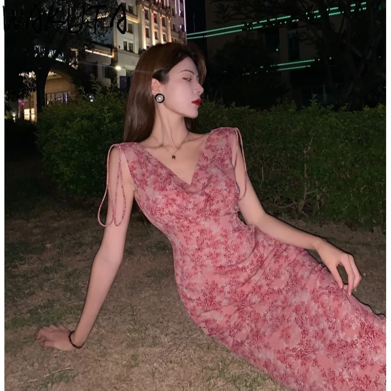 WAKUTA Floral Dress Women Elegant Bodycon Sleeveless V-neck Long Dresses Vintage Backless Robe Korean Chic Sweet Vestidos Mujer