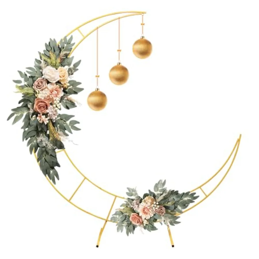 

Wedding venue and party balloon arch display: moon-shaped backdrop stand with rustproof iron material, gold frame, easy assembl