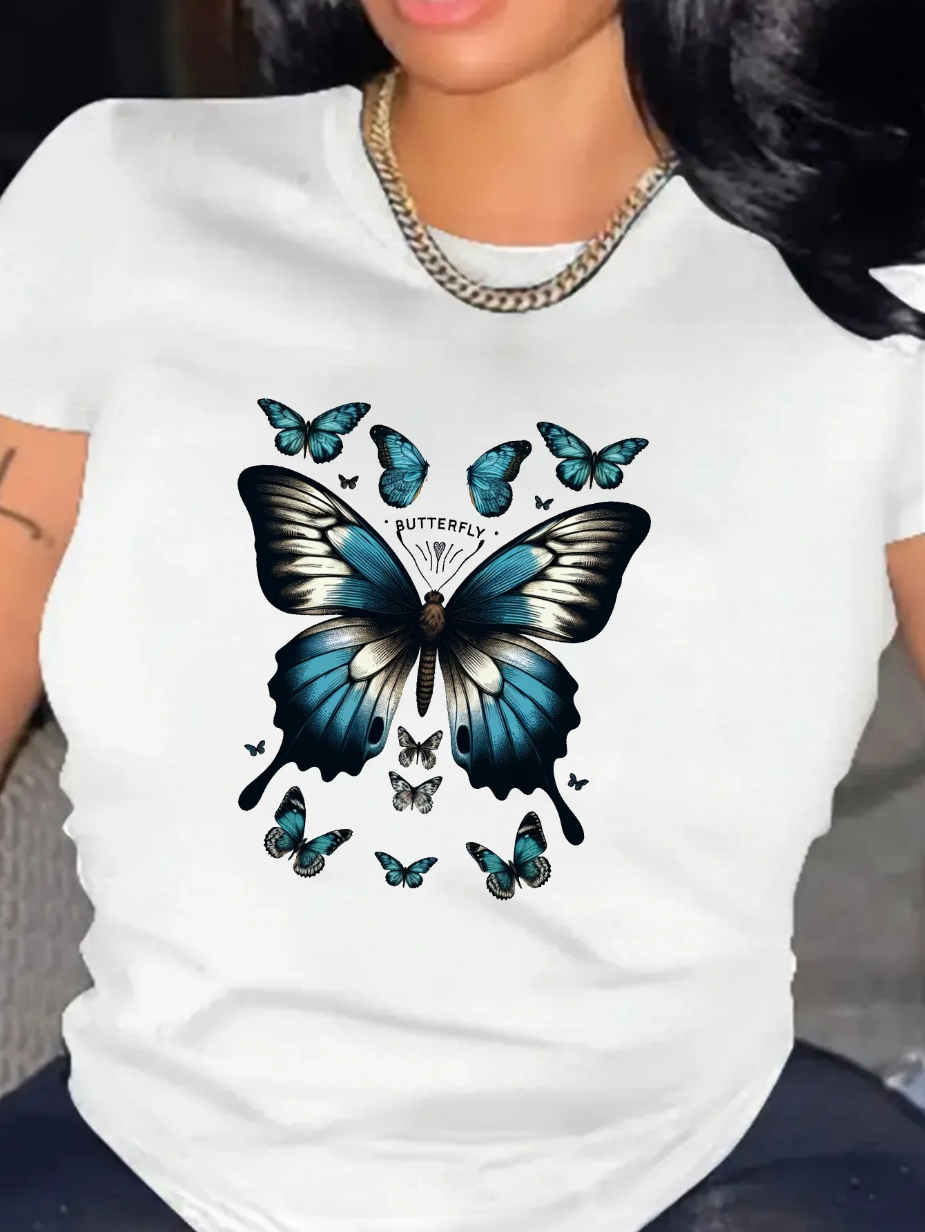 Butterfly Print Round Neck T-Shirt, Spring and Summer Casual Short Sleeve T-Shirt, Women's Clothing