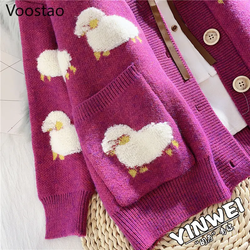 Spring Autumn Women V-Neck Kawaii Sheep Sweater Coat Korean Knitted Cardigan Female Casual Long Sleeve Loose Sueter Mujer Jacket