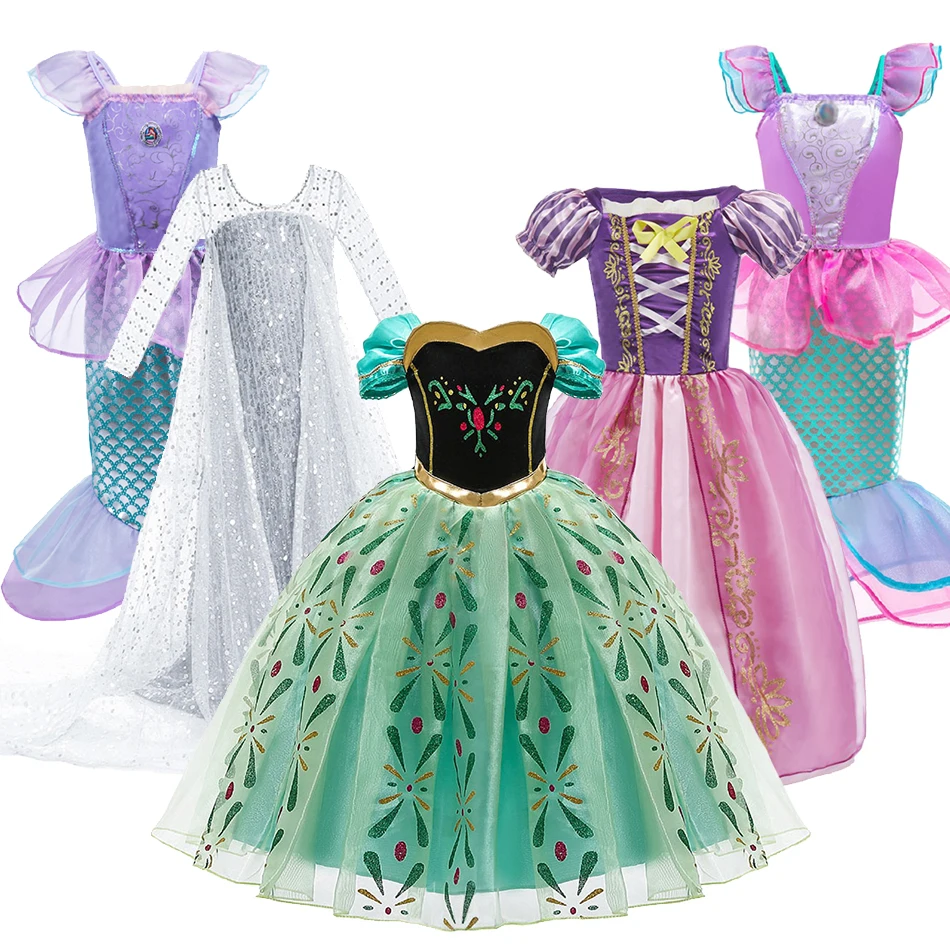 

Kids Princess Costume Girls Elsa Anna Carnival Dress Pageant Halloween Party Clothes Children Rapunzel Mermaid Ariel Fancy Dress