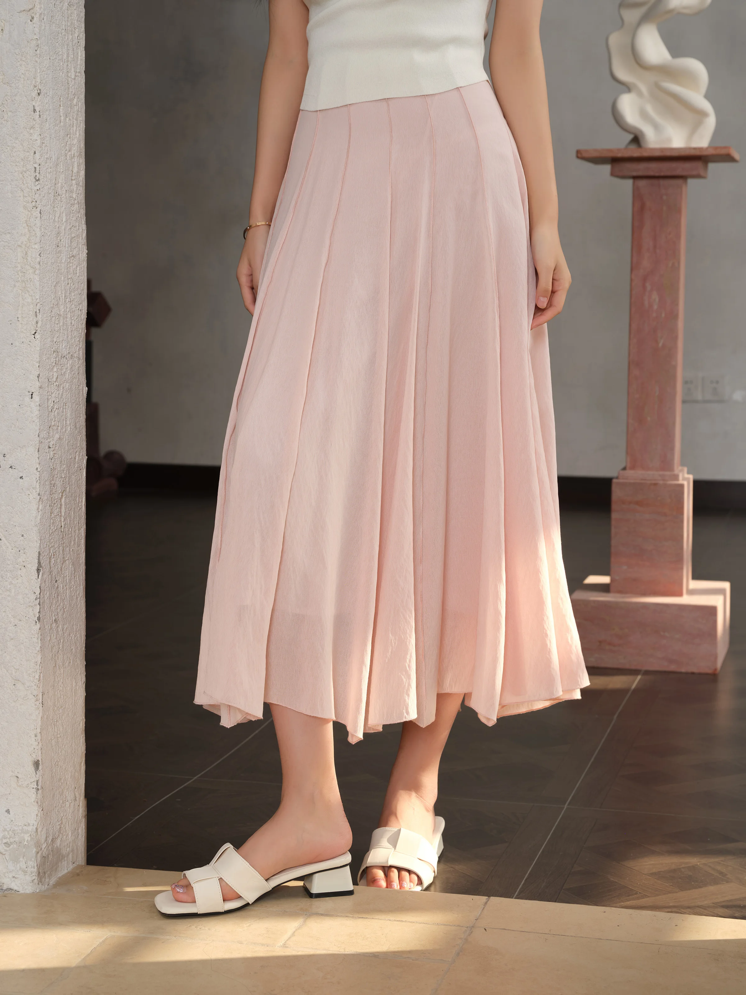 High Waist Pleated A-Line Midi Skirt Women Flowy Panel Summer Skirt Slim Fit Hip-Covering Casual Elegant Skirt Pear Body Shape