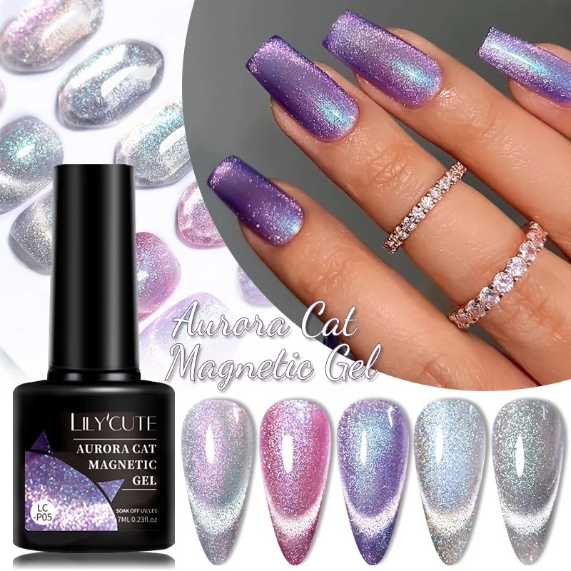 LILYCUTE 7ML Aurora Cat Magnetic Top Coat Soak Off Pink Jelly Gel Nail Polish Semi Permanent UV Gel Water Light Nail Gel Varnish