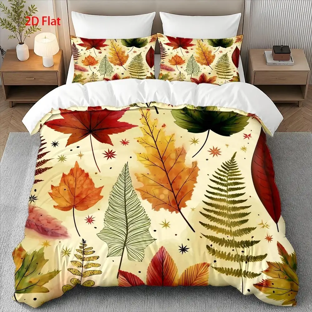2D Flat Print Halloween Bedding Quilt Cover with Maple Leaf Thanksgiving Theme, Thanksgiving Bedding, Suitable for Autumn Quilt Sets, Three-Piece Bed Set (1*Quilt Cover + 2*Pillowcases), Suitable for All Seasons, Machine Washable, Invisible Zipper Design, Large Double Bed Cover Set, Suitable for Home, Dormitory, Master Bedroom, and Guest Room