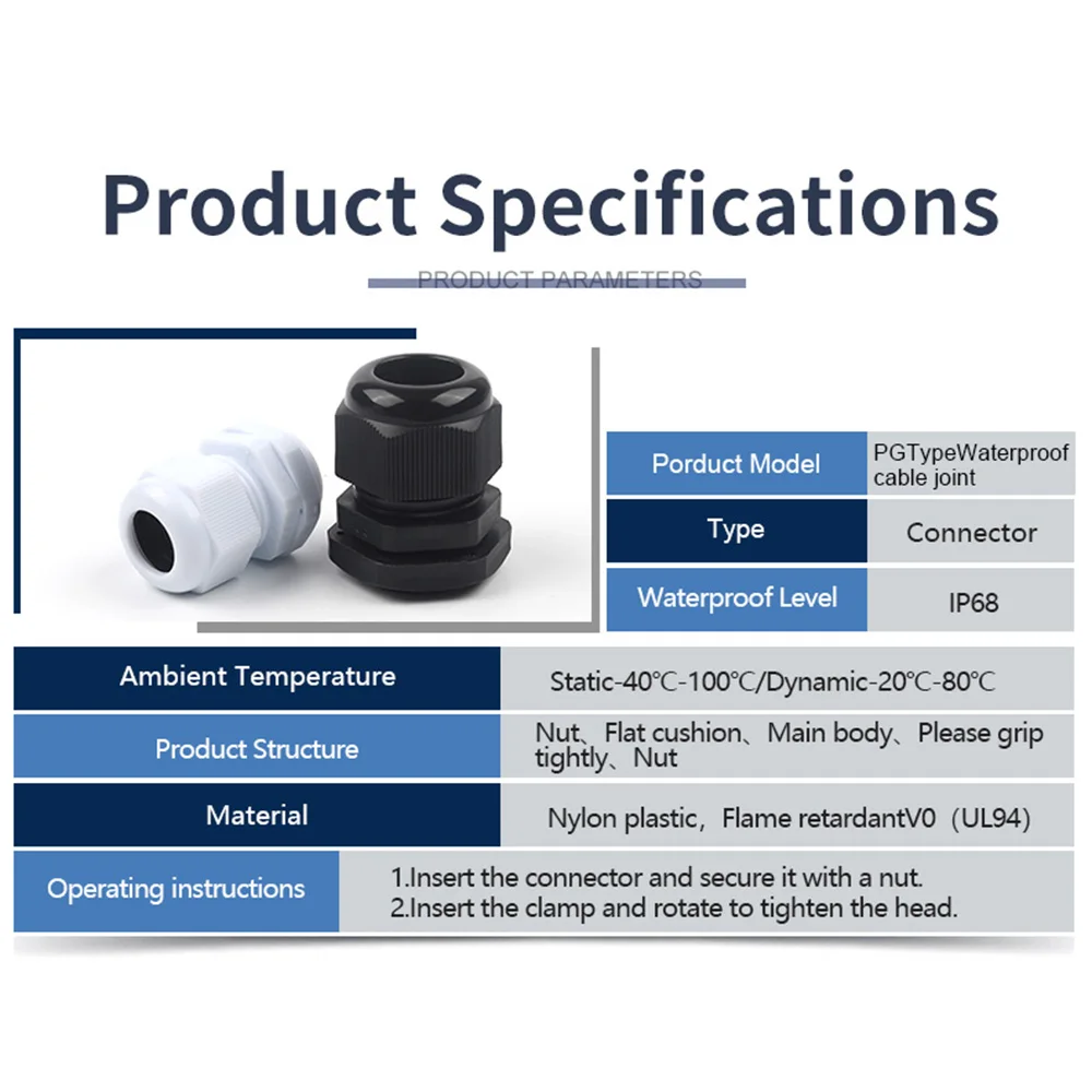 10PCS PG7-PG36 Series Waterproof Cable Gland Entry IP68 PG7 9 11 13.5 16 19 21 25 29 36 For 3-6.5mm Nylon Plastic Connectors
