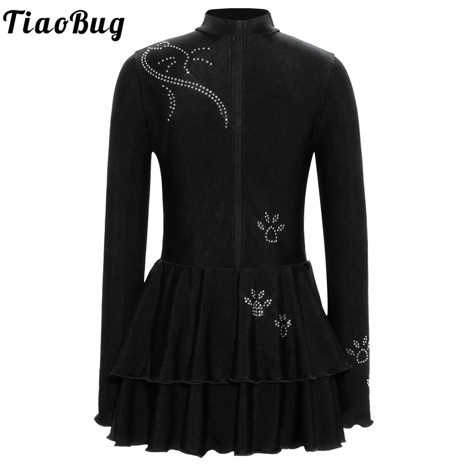 Kids Girls Figure Skating Dress Rhinestones Gymnastics Leotard Ballet Tutu Dress Dance Performance Costume with Built-in Briefs