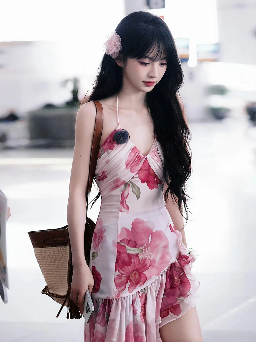 Ele Cintura alta Estampado floral Asimétrico Largo Dr Mujer Colgante Neline Dr Temporada de verano Poliéster Spandex