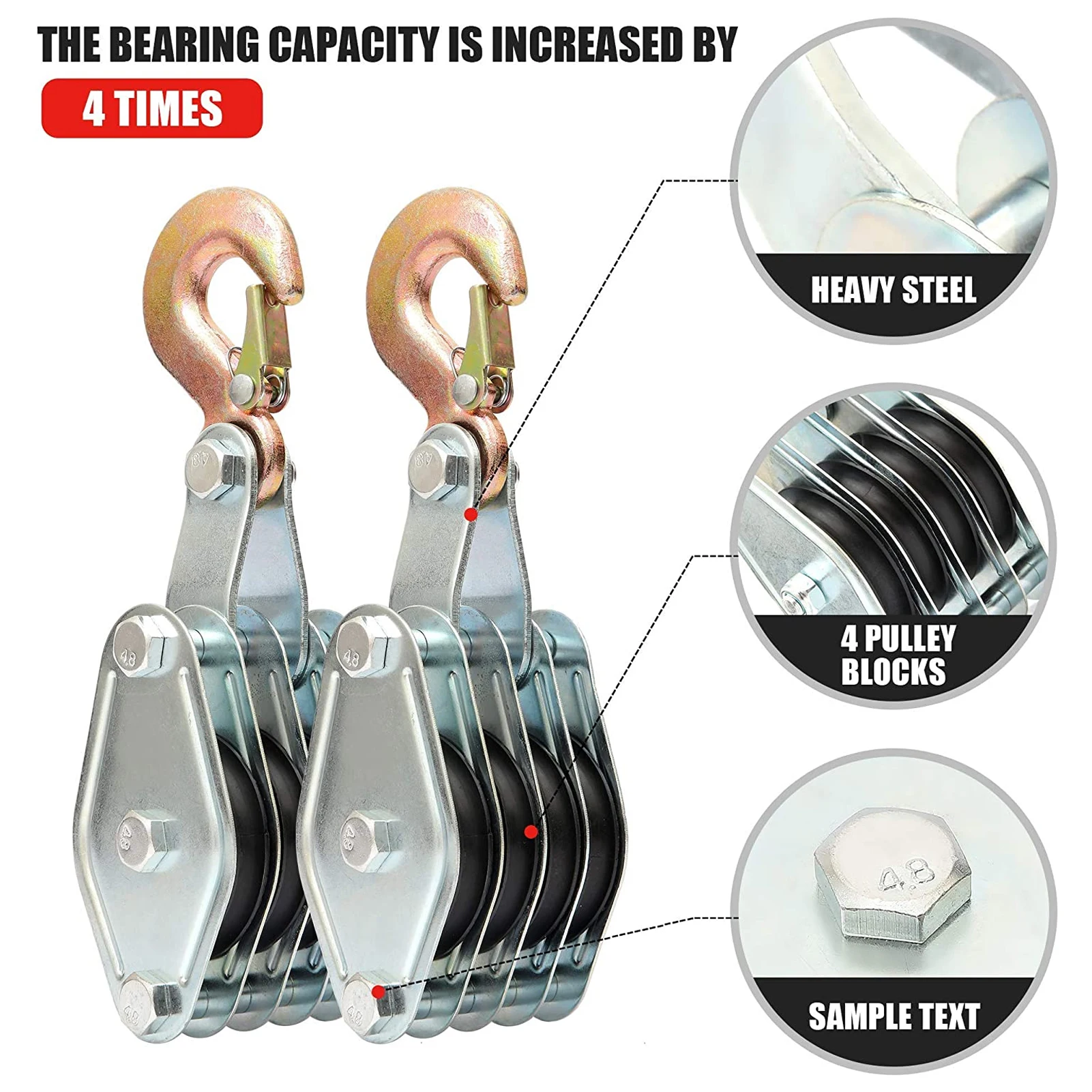 Multi-Rope Lifting Pulley Block Can Bear Up To 4000 Lbs 2 Tons Weight 65 Feet Rope Heavy Duty Industrial Lifting Equipment Tool