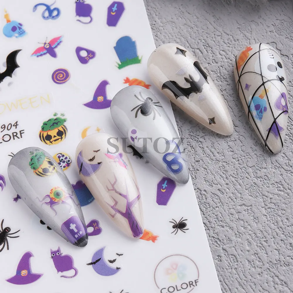 3D Cute Ghost Nail Sticker Colorful Halloween Decoration Cartoon Pumpkin Nail Slider Black Cat Spider Bat Manicure Decals LEB-CA