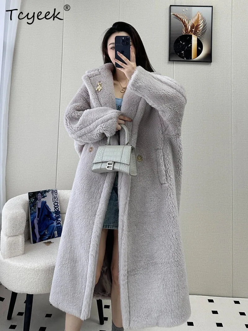 Tcyeek Alpaca Wool Blend Silk Coat Long Length Women Clothes Oversized Ladies Clothing Fashion Winter Fur Coats Одежда Женская