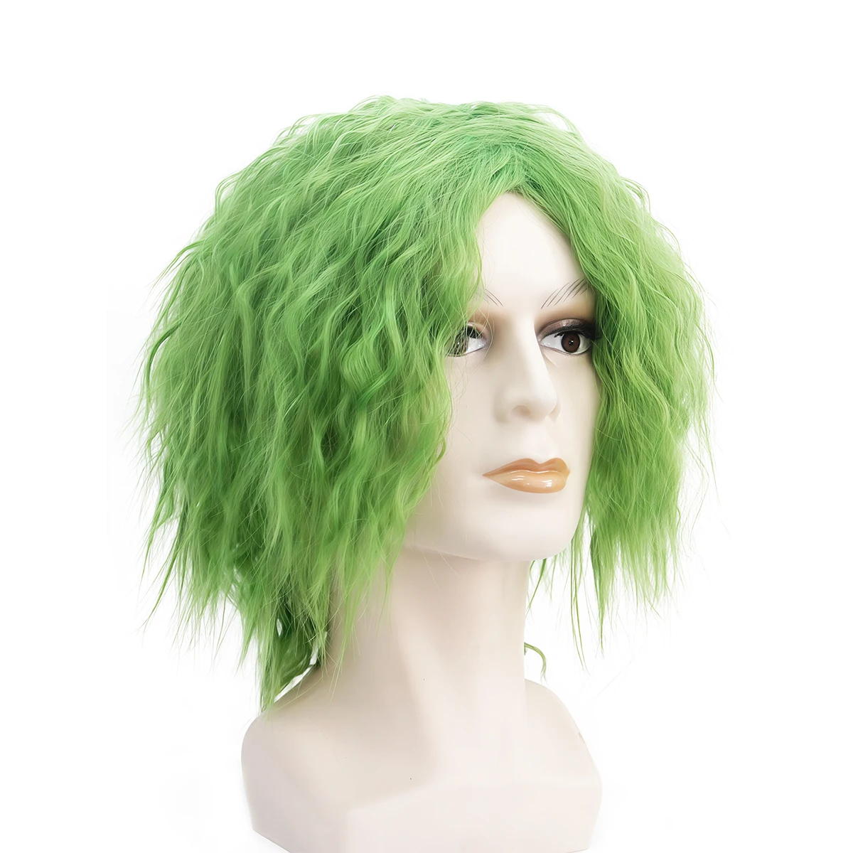 Christmas Green Men's Curly Hair, Medium-Long Men's Short Hair, Anime Eccentric Green Short Wig with Fluffy Fleece Curls Design