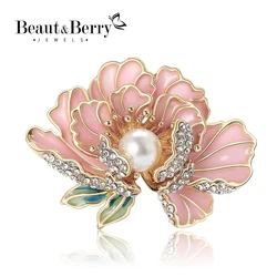 Trendy Elegant Pearl Peony Flower Brooch For Women Exquisite Crystal Rhinestone Brooch Pin Luxury Banquet Wedding Jewelry Gifts