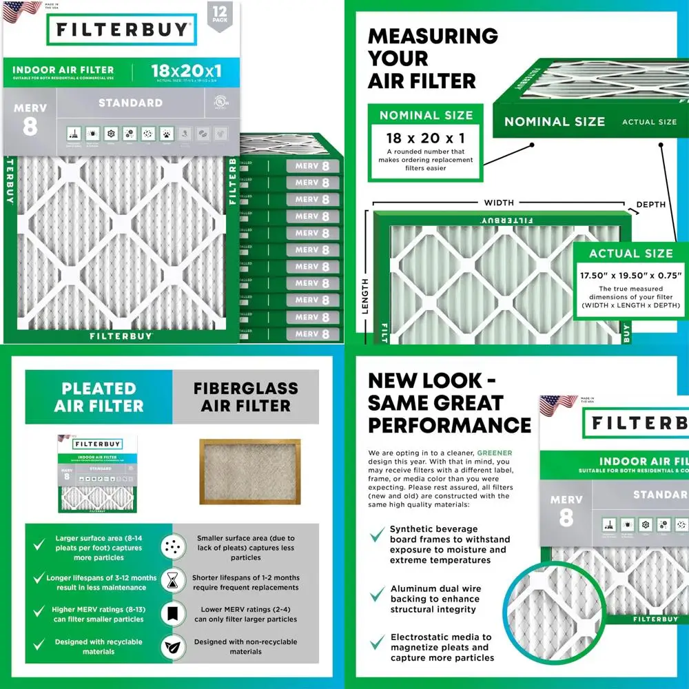 Dust Defense MERV 8 18x20x1 حزمة استبدال مرشحات الهواء المطوية مكونة من 12 قطعة لأنظمة فرن التيار المتردد HVAC #1