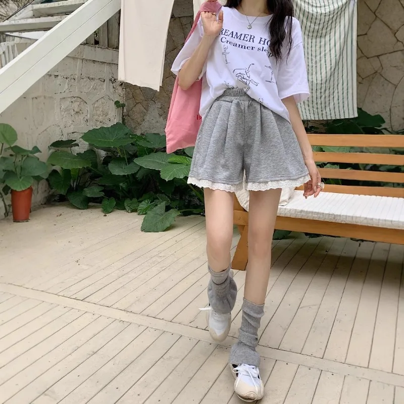 Lace Gray Casual Pants Female Summer Elastic Waist Loose Shorts