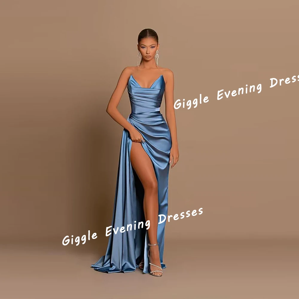 

Giggle Satin Strapless Elegance Pleating Prom Gown Saudi Arab Floor-Length High Slit Summer Evening Party Dresses for Women 2024