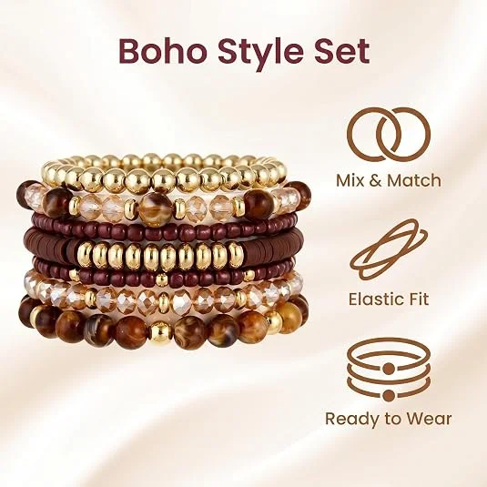 Women’s Bohemian-style stackable beaded bracelet set, multi-layer elastic beaded bracelet set, vintage-inspired Boho