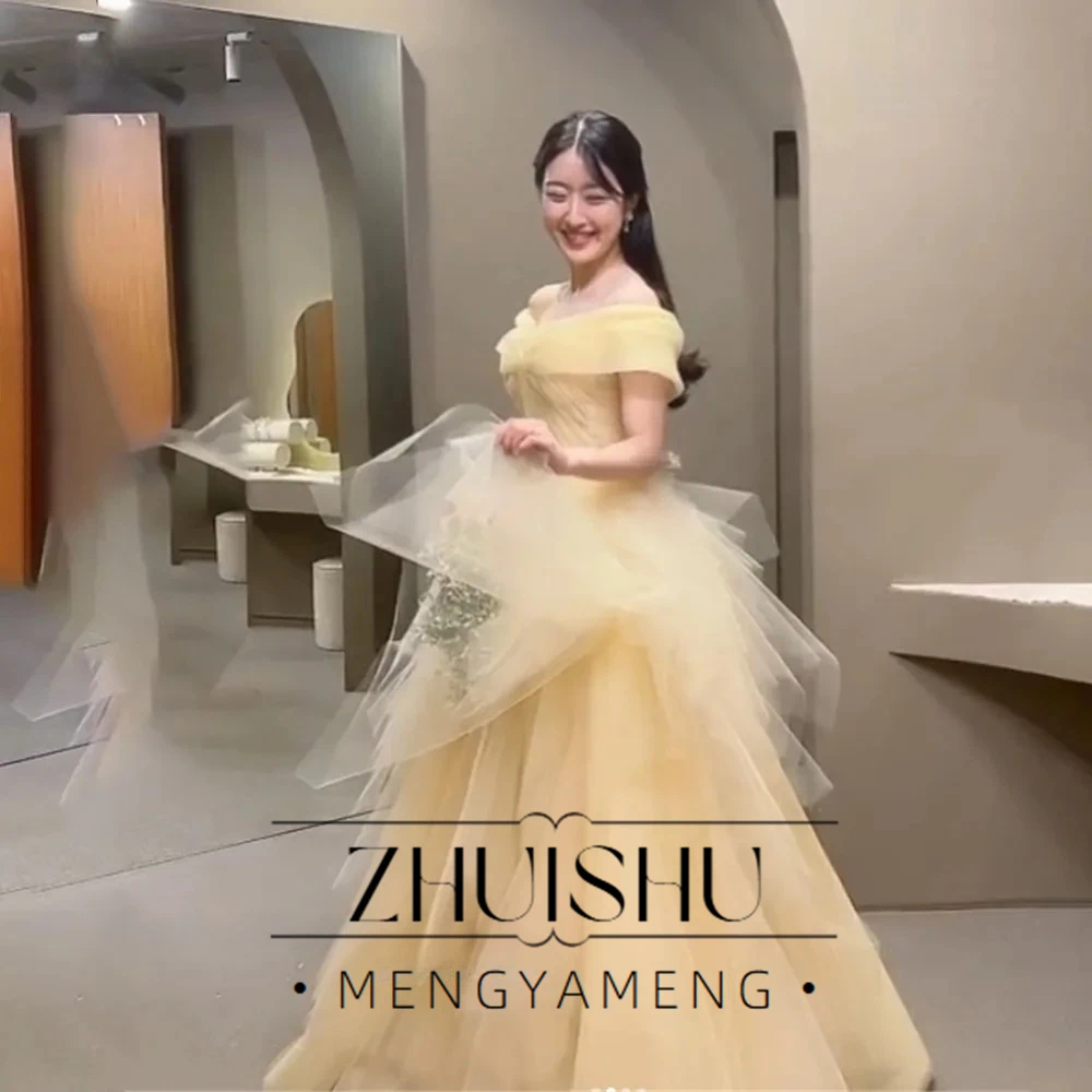 

Princess Pale Yellow Ball Gown Sweetheart Collar Korea Evening Dresses Corset Back Tiered Tulle Wedding Photos Shoot Customized