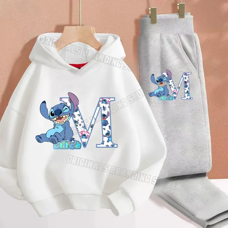 Stitch Disney Sweatshirt Suit Children Boy Girl Plush Kawaii Hoodies+pants Trendy Print Hoodie Sweatpants Anime Clothes Set Gift