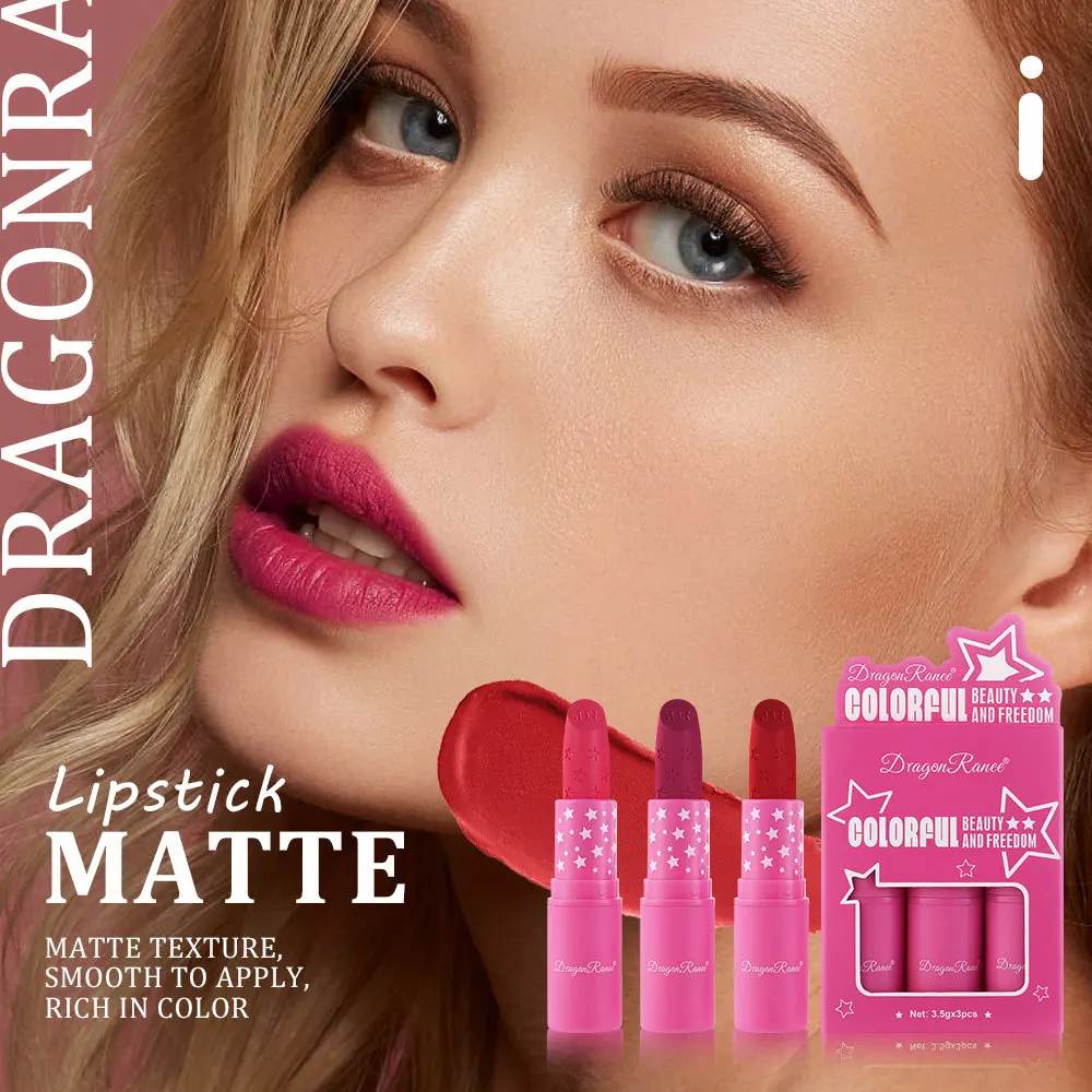3-teiliges mattes rotes Lippenstift-Set, das nicht leicht abfallen ist, Barbie-Lippenstift-Set mit schwarzem Sternmuster und geschnitztem Rosen